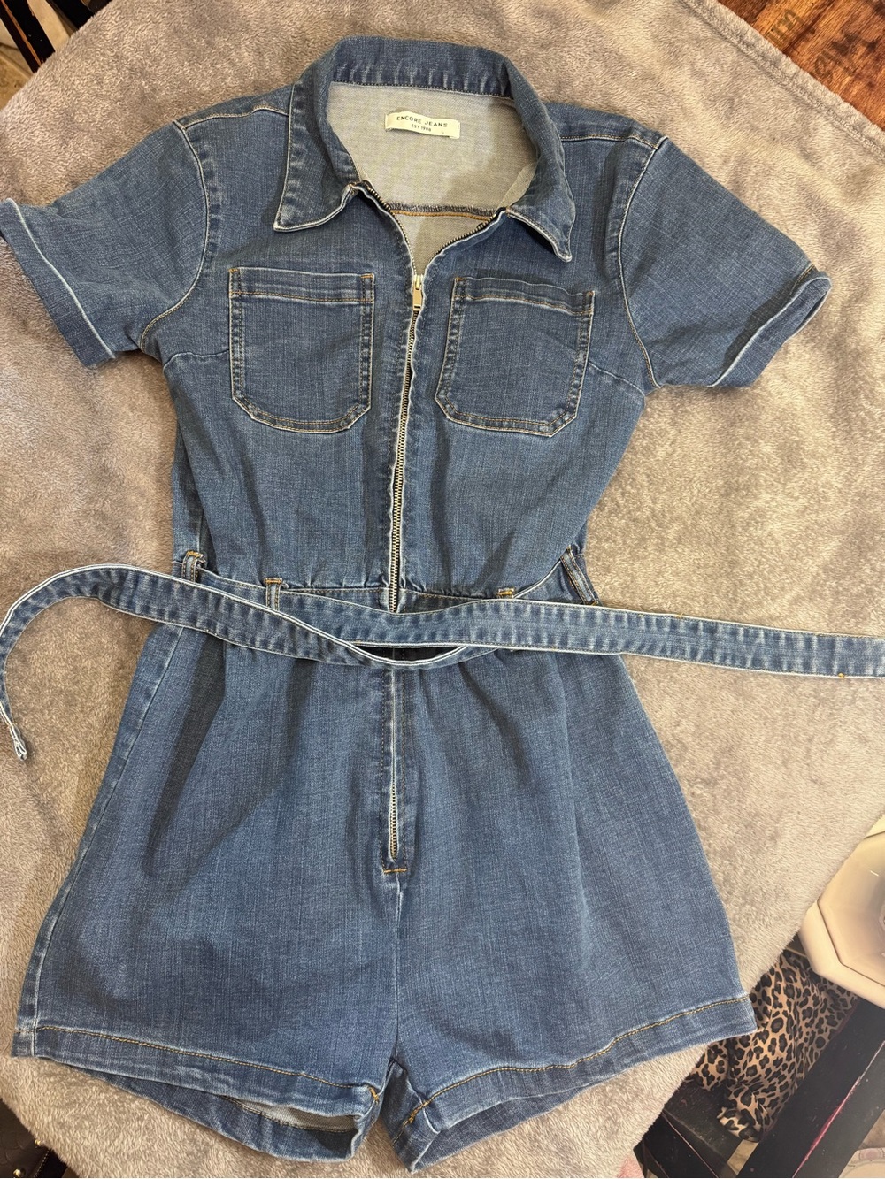 Encore Jeans Denim Short Romper in Medium Blue with Belt